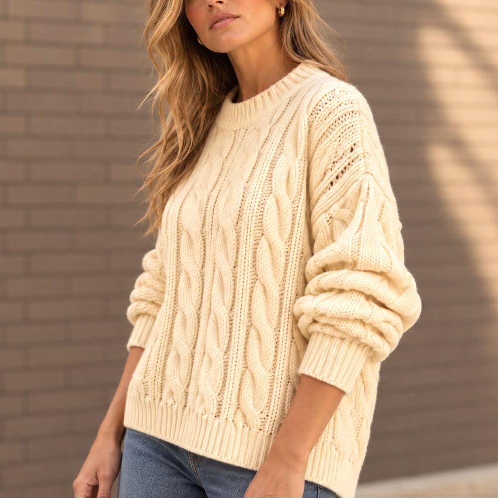 Zara Cable Knit Sweater Womens L Cream Ivory Openwork Oversized Chunky Pullover